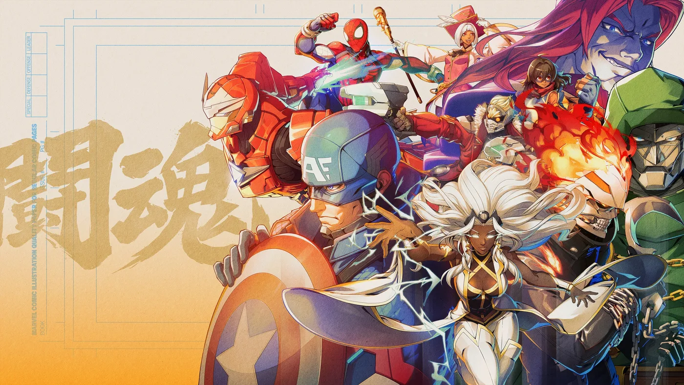 MARVEL Tōkon: Fighting Souls key art featuring Marvel heroes in Arc System Works anime style