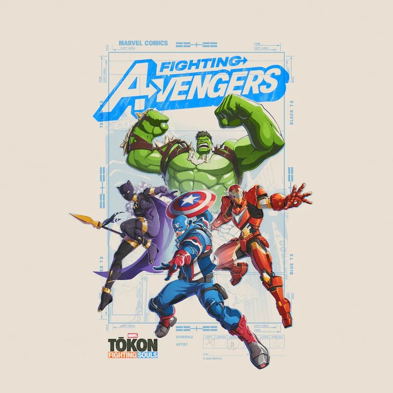 Fighting Avengers team artwork — Captain America, Iron Man, Hulk, and Black Panther